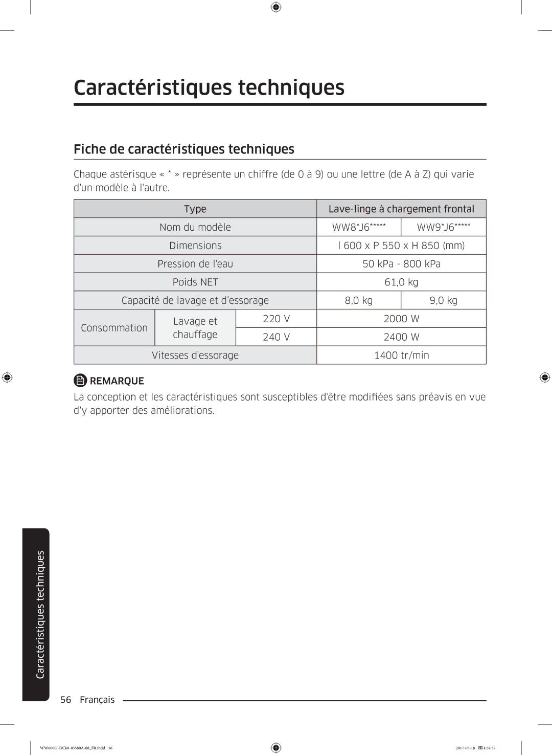 Samsung WW90J6410CW/EF, WW80J6410CW/EF manual Fiche de caractéristiques techniques 