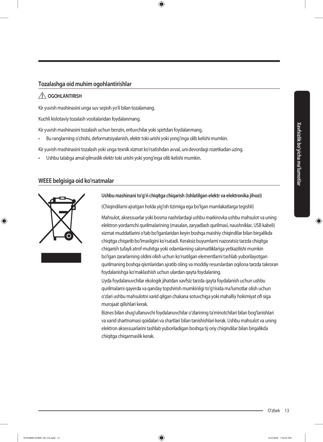 Samsung WW90J6410CW/LP, WW90J6410CX1LP manual Tozalashga oid muhim ogohlantirishlar, Weee belgisiga oid korsatmalar 