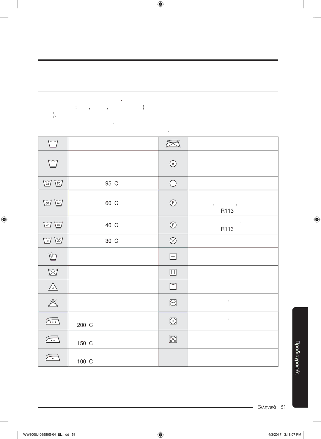 Samsung WW90J6410CW/LV manual Προδιαγραφές, Πίνακας φροντίδας υφασμάτων 