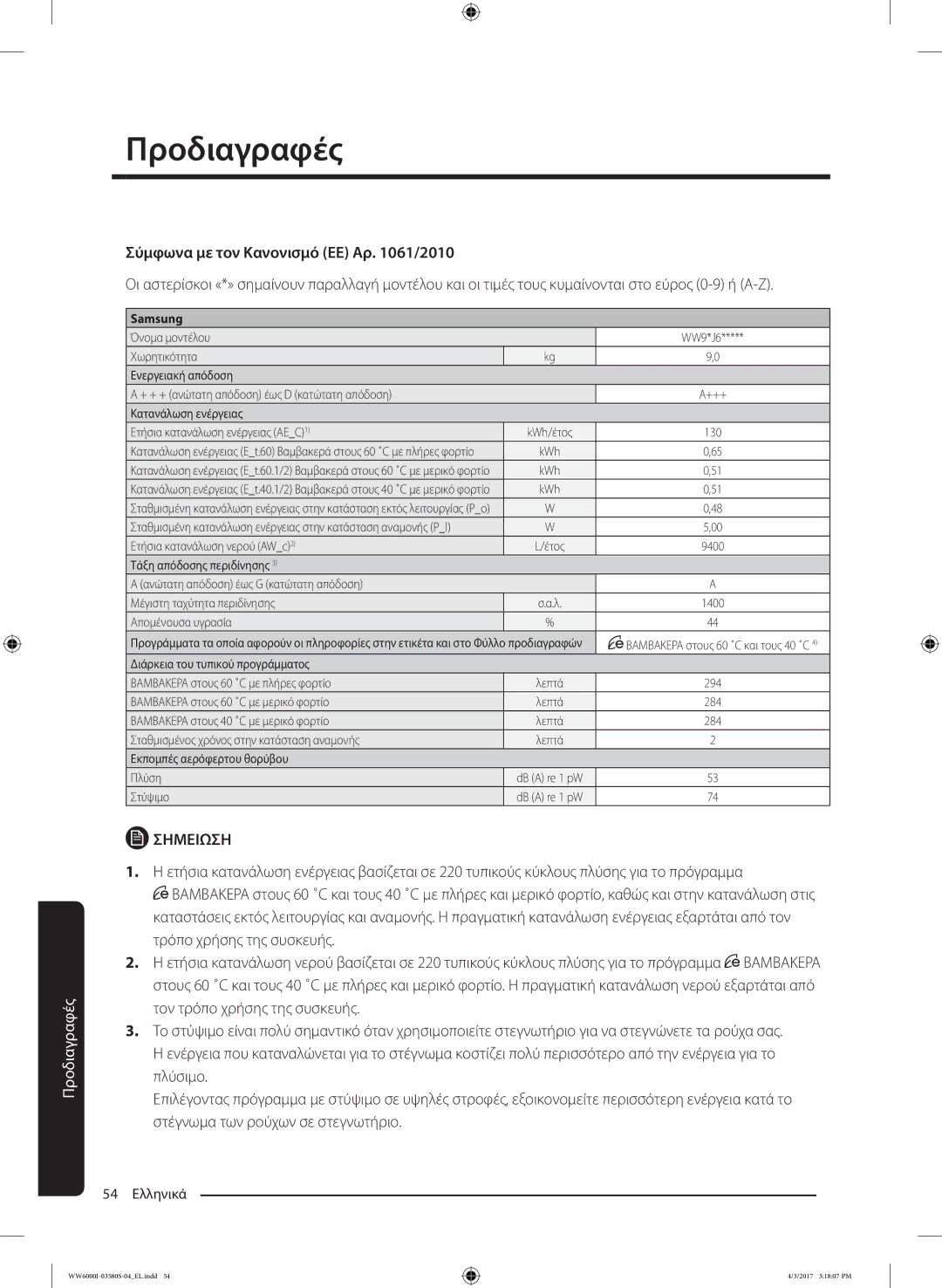 Samsung WW90J6410CW/LV manual Σύμφωνα με τον Κανονισμό ΕΕ Αρ /2010, Samsung 