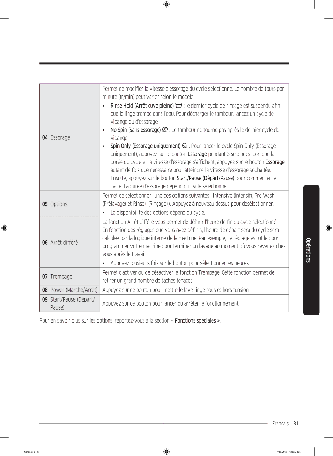 Samsung WW70K4437YW/EF manual Vidange ou dessorage, Essorage Vidange, Options, La disponibilité des options dépend du cycle 