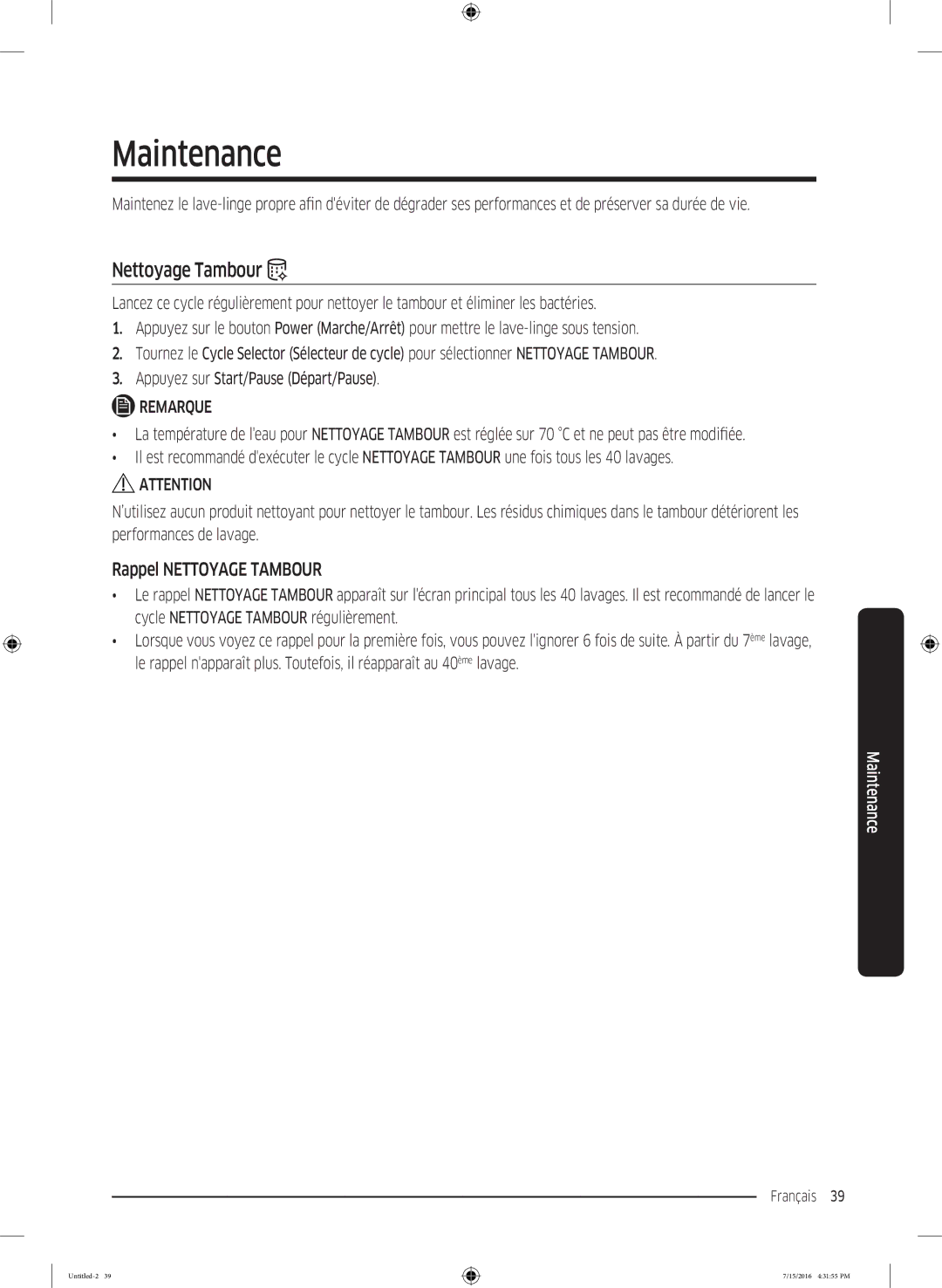 Samsung WW70K4437YW/EF, WW90K4437YW/EF, WW90K44305W/EF, WW80K4437YW/EF manual Maintenance, Rappel Nettoyage Tambour 