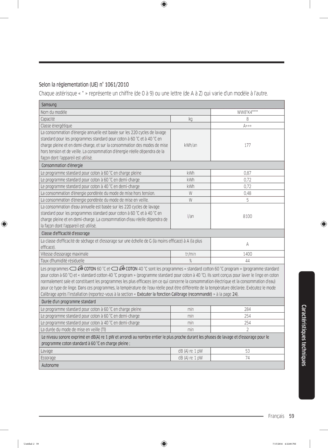 Samsung WW70K4437YW/EF Selon la réglementation UE n 1061/2010, Samsung Nom du modèle WW8*K4 Capacité Classe énergétique 