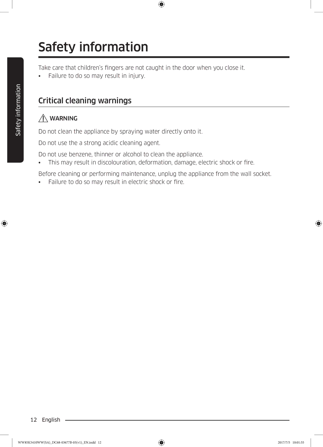 Samsung WW90K5233WW/SV manual Critical cleaning warnings 