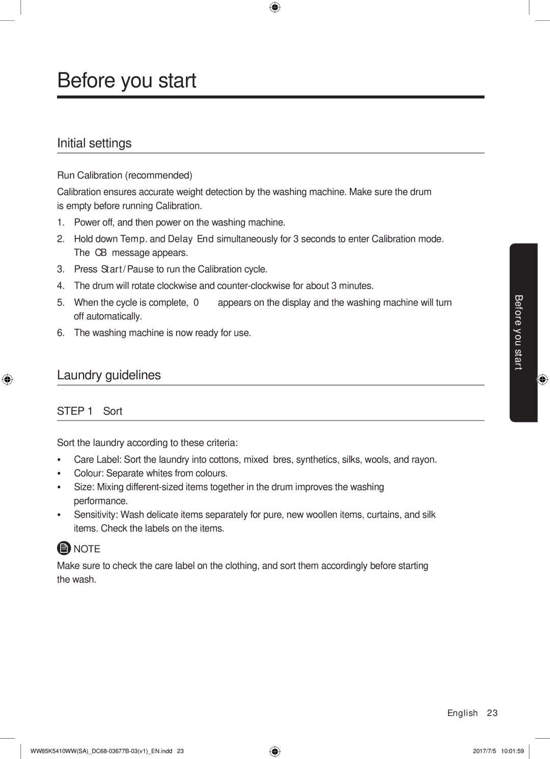 Samsung WW90K5233WW/SV manual Before you start, Initial settings, Laundry guidelines 