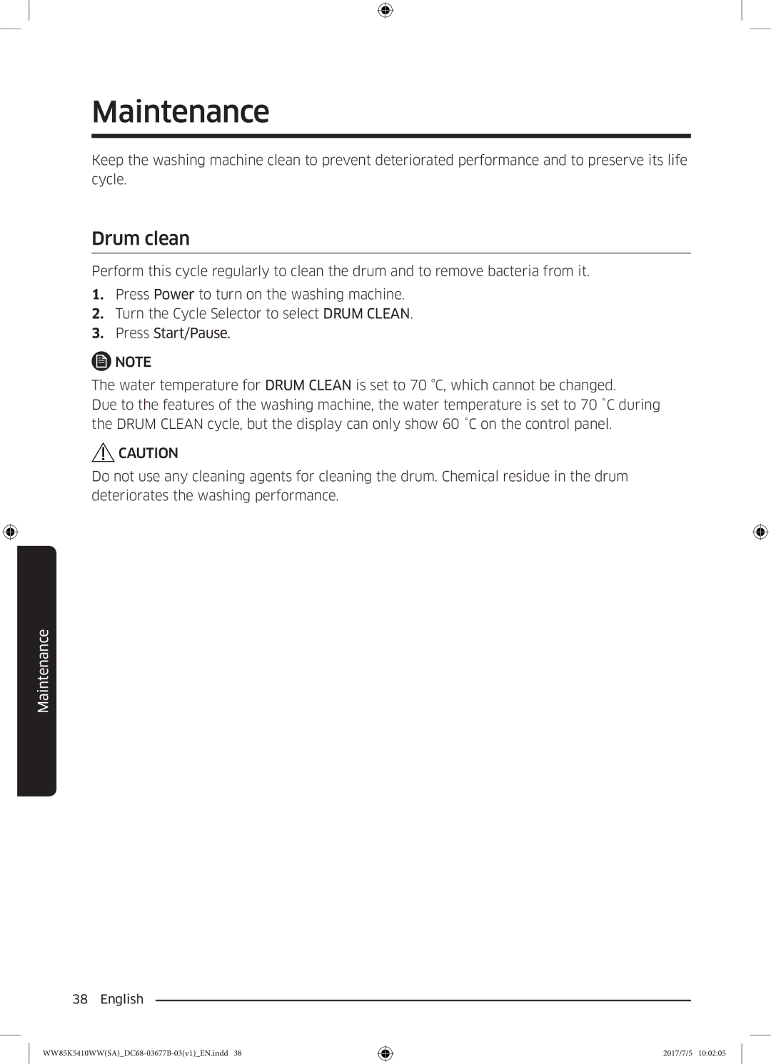 Samsung WW90K5233WW/SV manual Maintenance, Drum clean 