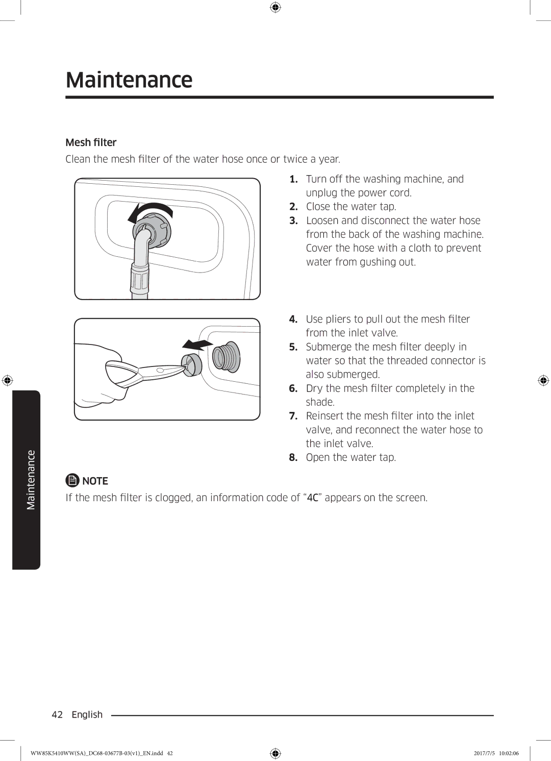 Samsung WW90K5233WW/SV manual Maintenance 