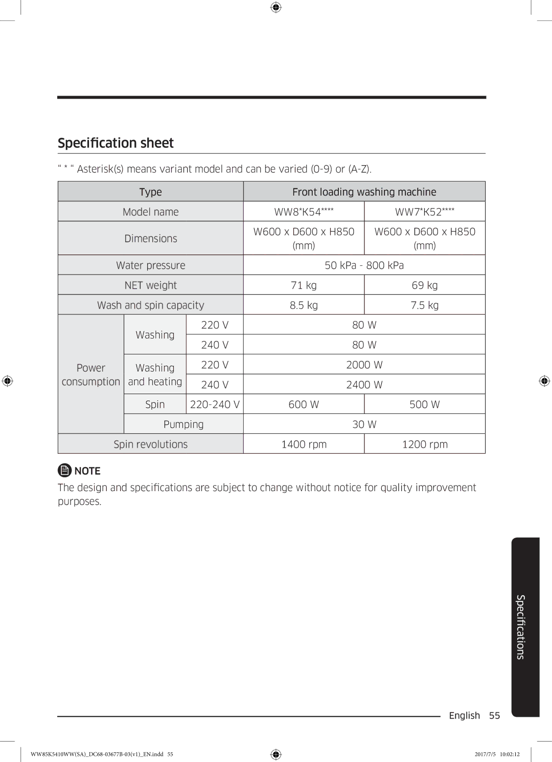 Samsung WW90K5233WW/SV manual Specification sheet 