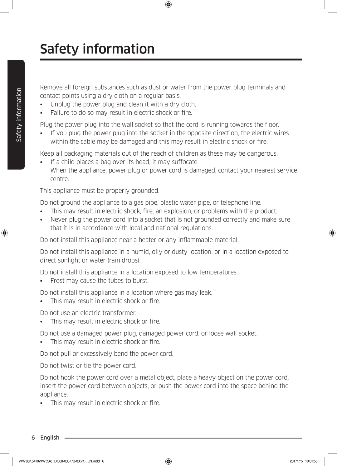 Samsung WW90K5233WW/SV manual Safety information 