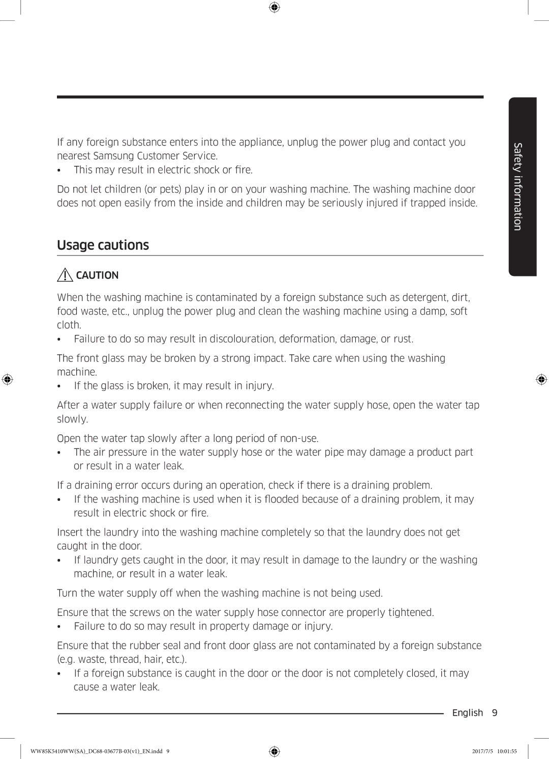 Samsung WW90K5233WW/SV manual Usage cautions 