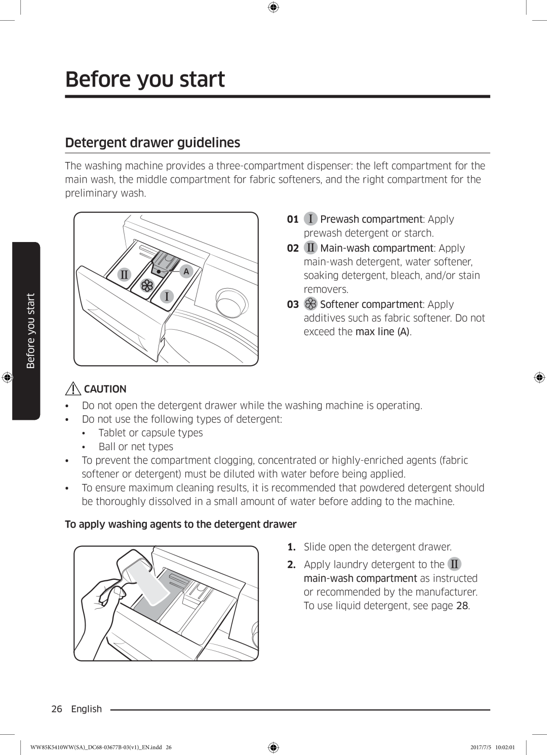 Samsung WW90K5233WW/SV manual Before you start, Detergent drawer guidelines 