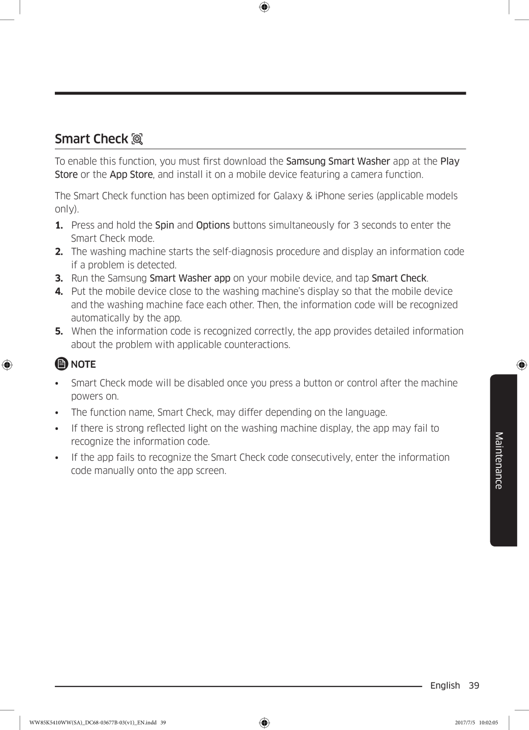 Samsung WW90K5233WW/SV manual Smart Check, Maintenance 