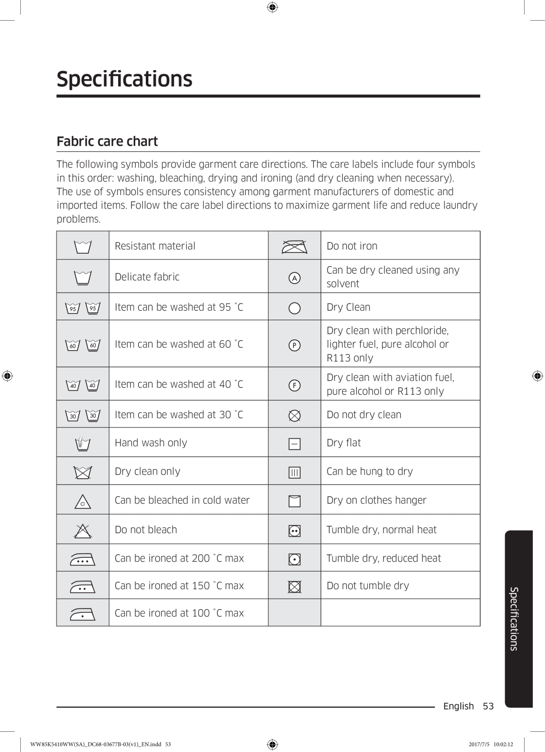 Samsung WW90K5233WW/SV manual Specifications, Fabric care chart, ficationsSpeci 