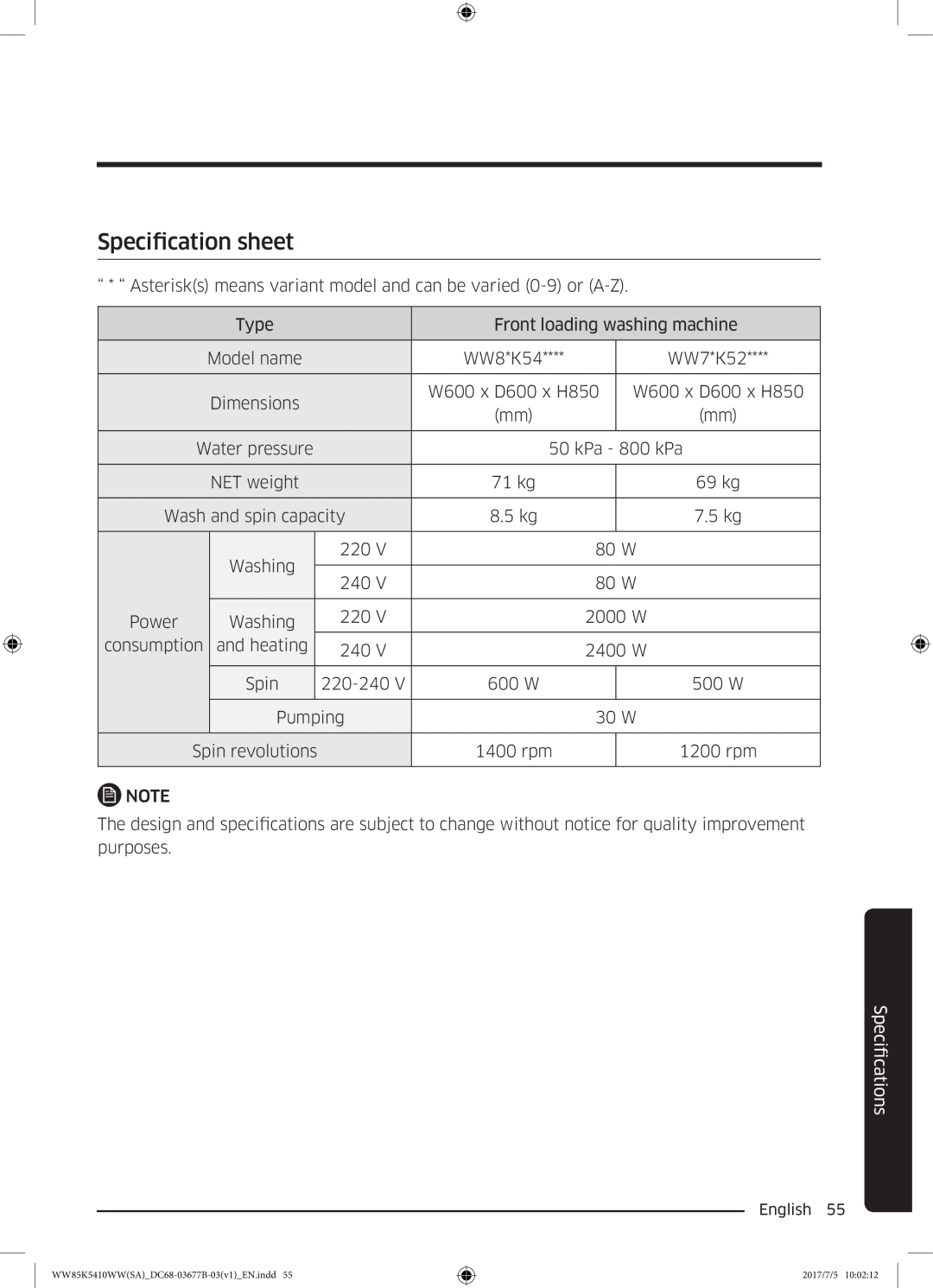 Samsung WW90K5233WW/SV manual Specification sheet, ficationsSpeci 