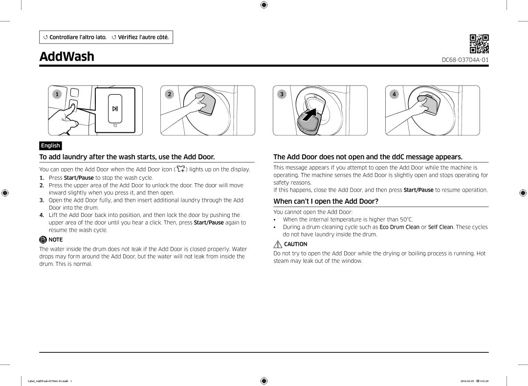 Samsung WW80K5410UW/EO, WW90K5410UW/LV manual AddWash, To add laundry after the wash starts, use the Add Door 