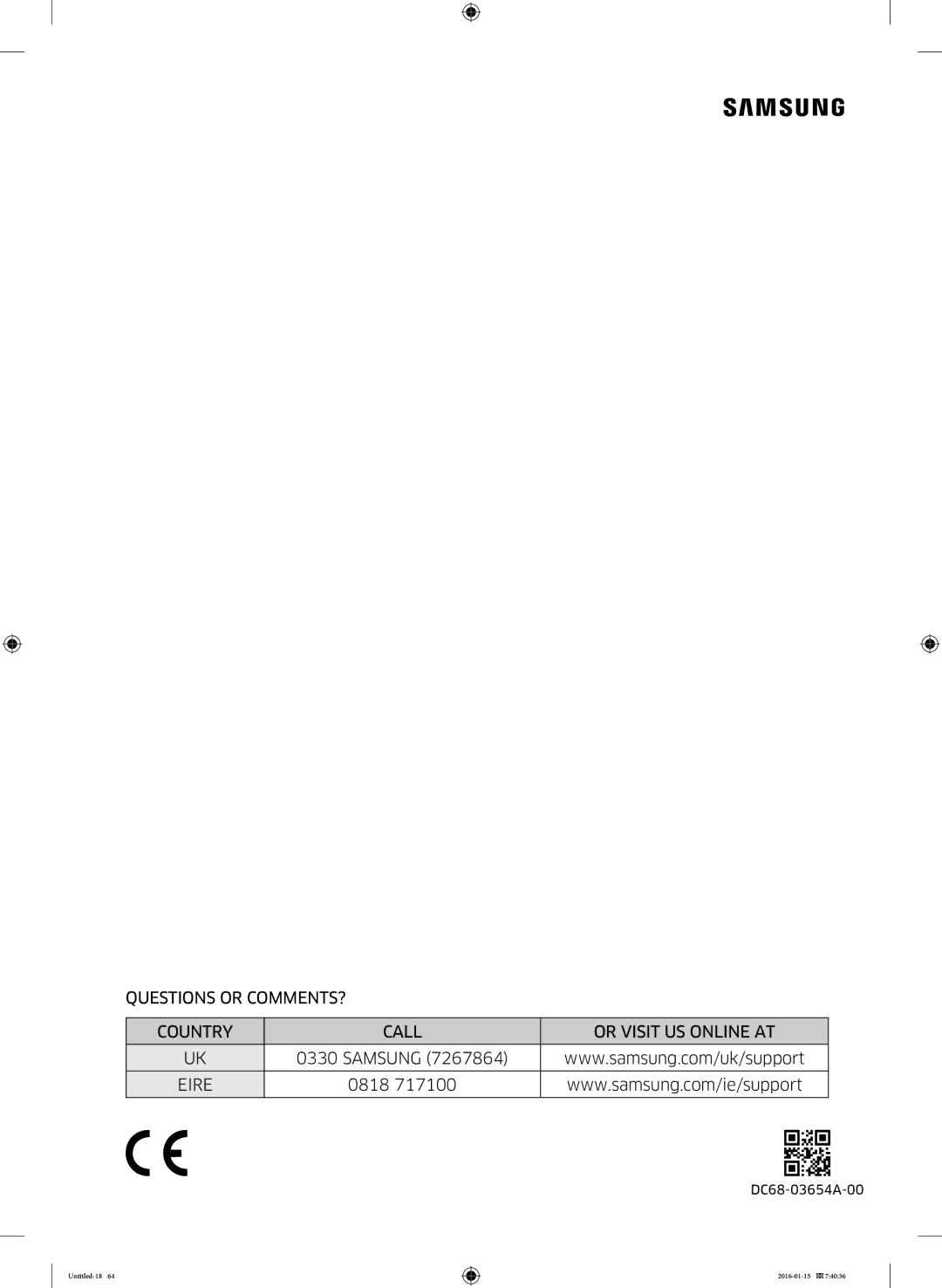 Samsung WW8SK5410UW/KJ, WW90K5410UW/LV, WW80K5410UW/EO manual Questions or COMMENTS? Country Call Or Visit US Online AT 