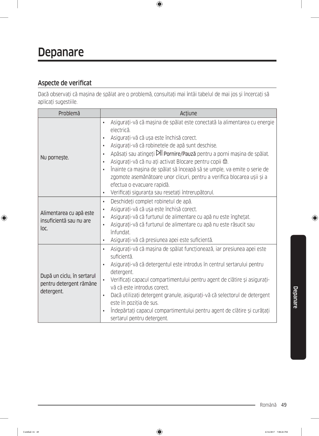 Samsung WW90K5410UX/LE manual Aspecte de verificat 