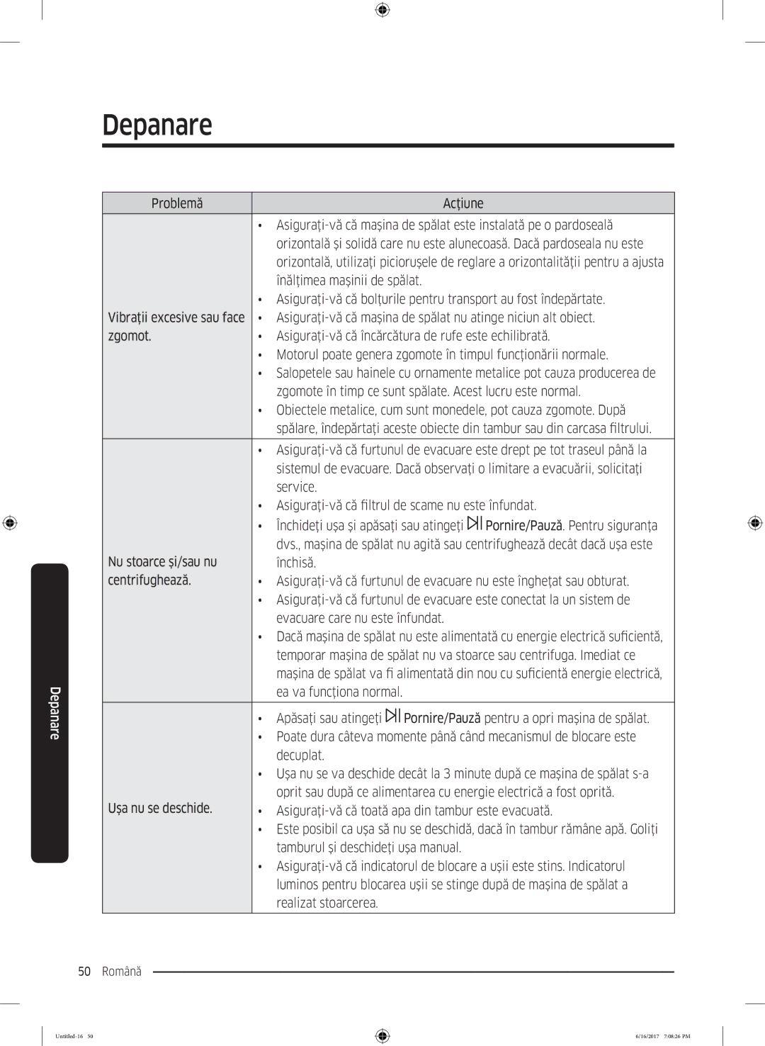 Samsung WW90K5410UX/LE manual Zgomote în timp ce sunt spălate. Acest lucru este normal, Alimentată din 