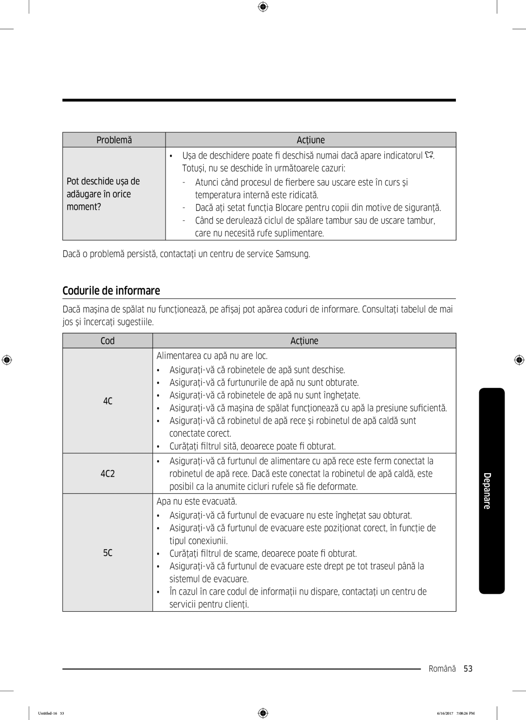 Samsung WW90K5410UX/LE manual Codurile de informare 