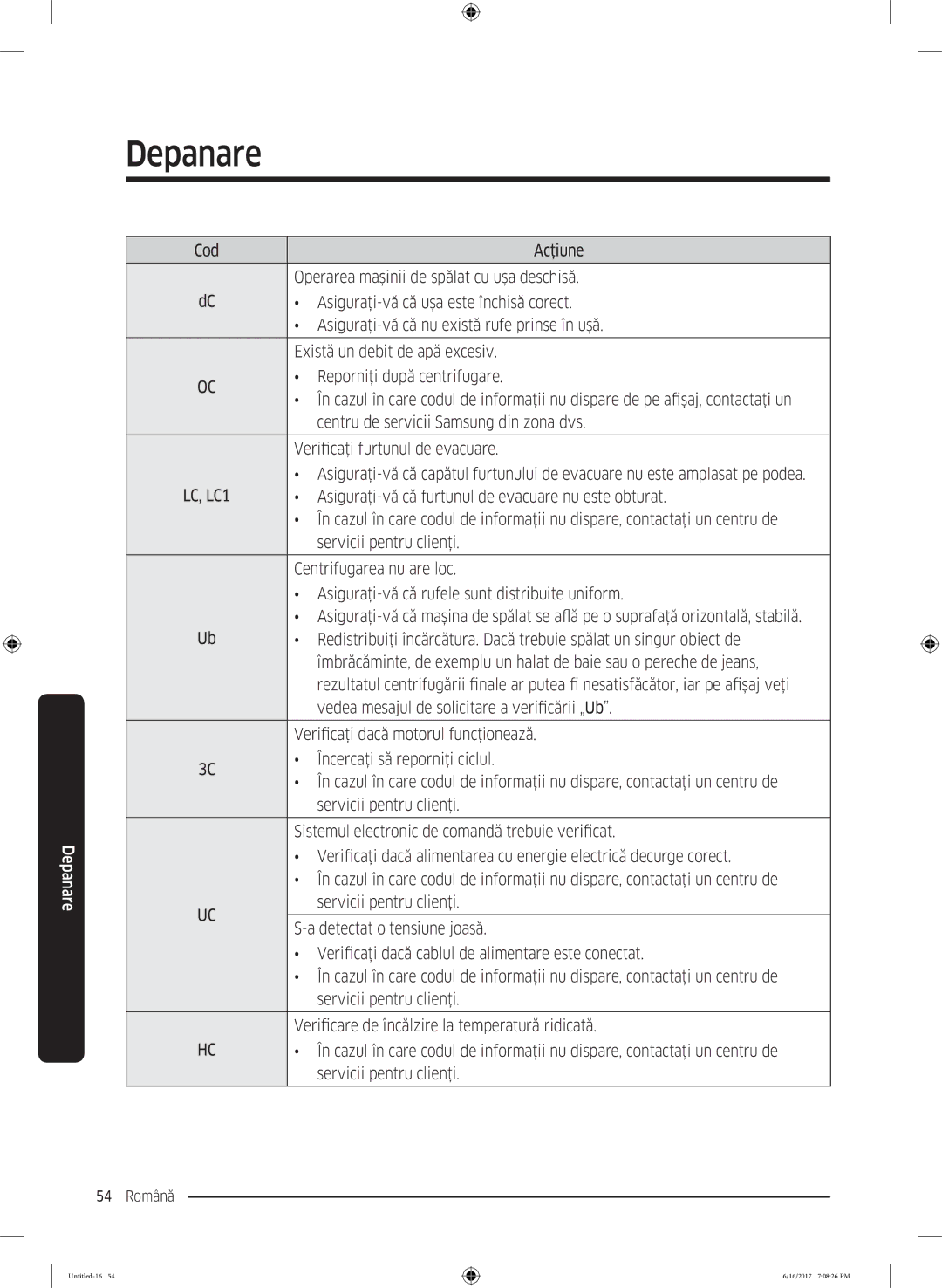 Samsung WW90K5410UX/LE manual Asiguraţi-vă că furtunul de evacuare nu este obturat, Centrifugarea nu are loc 