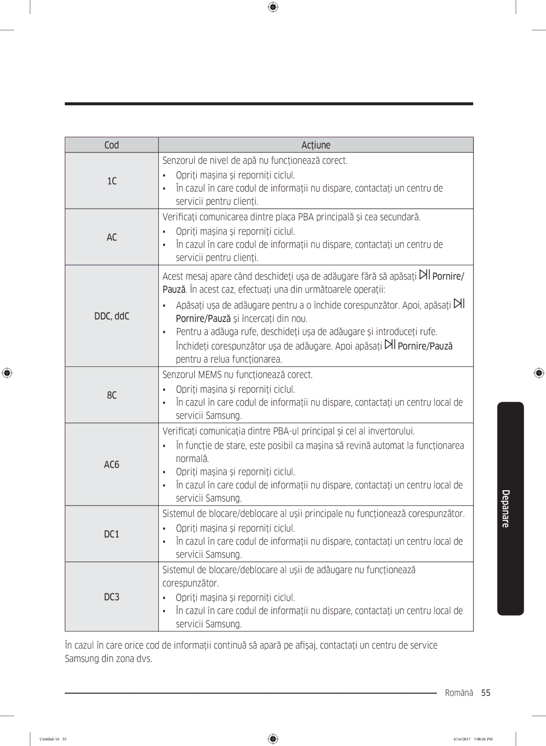 Samsung WW90K5410UX/LE manual Pornire, Normală Opriţi maşina şi reporniţi ciclul, Servicii Samsung, Corespunzător 