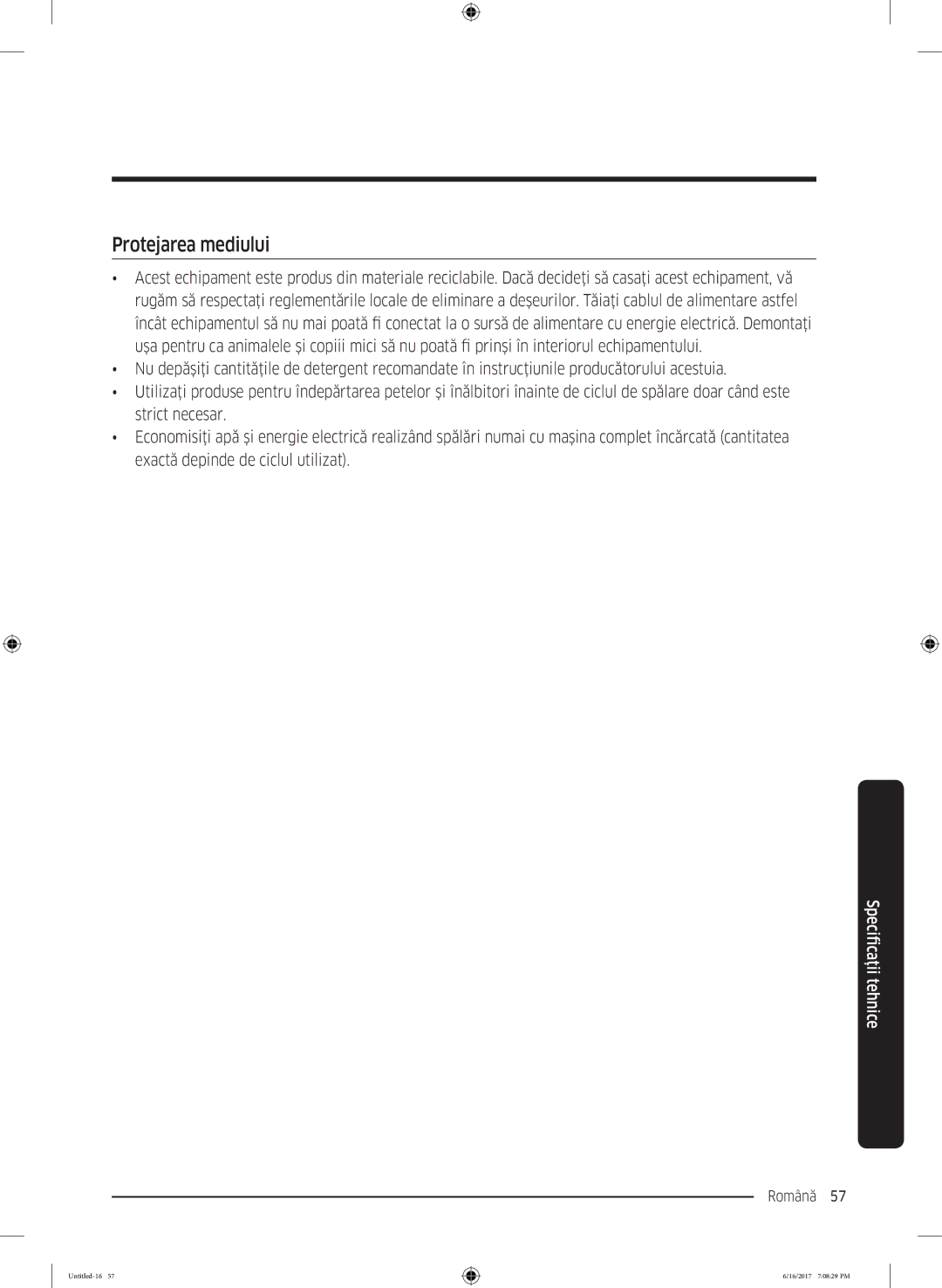 Samsung WW90K5410UX/LE manual Protejarea mediului 