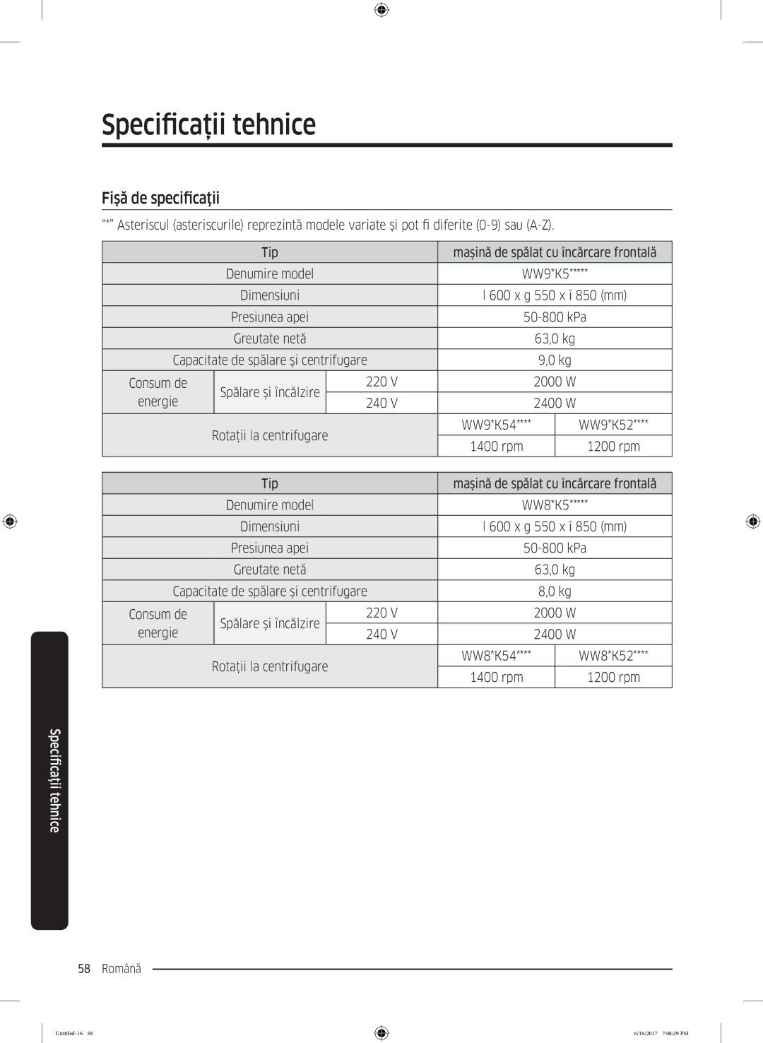 Samsung WW90K5410UX/LE manual Fişă de specificaţii, Energie 240, rpm 1200 rpm Tip 