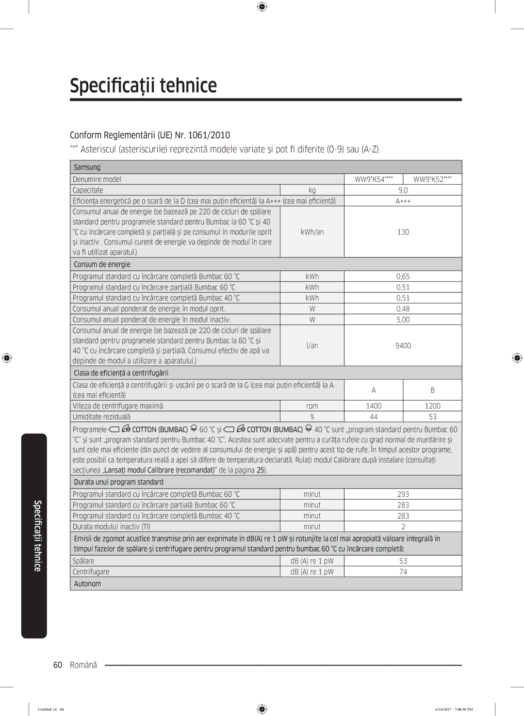 Samsung WW90K5410UX/LE manual Conform Reglementării UE Nr /2010, Diferite 0-9 sau A-Z 