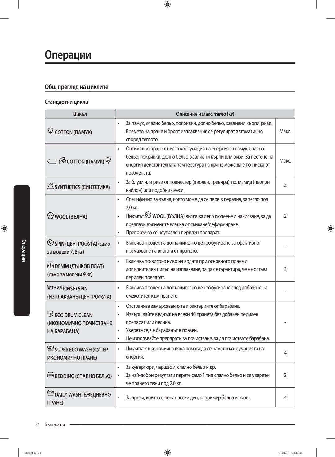 Samsung WW90K5410UX/LE manual Общ преглед на циклите, Стандартни цикли, Цикъл, За модели 7, 8 кг, Само за модели 9 кг 