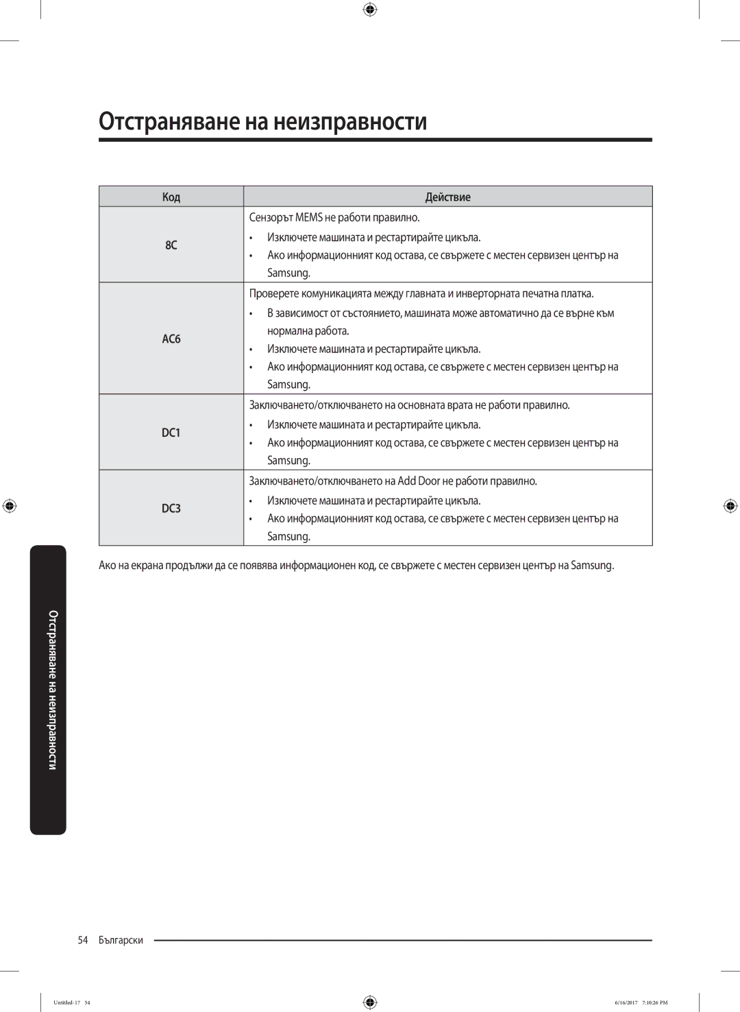 Samsung WW90K5410UX/LE manual Сензорът Mems не работи правилно, Samsung, Нормална работа 