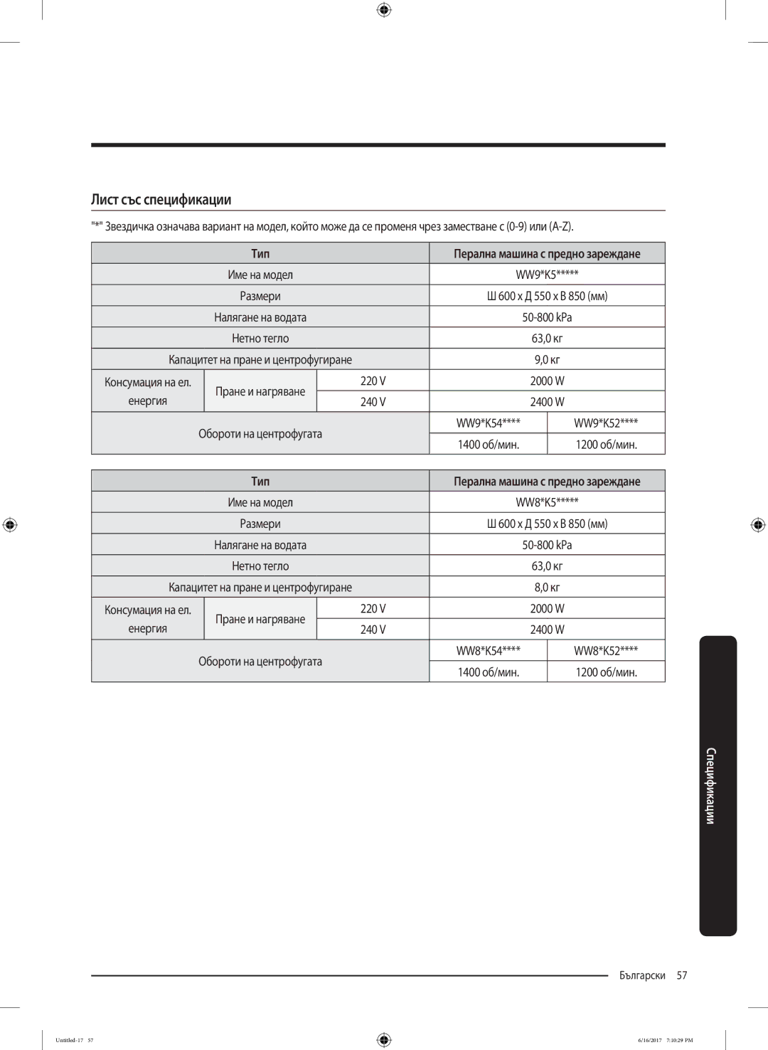 Samsung WW90K5410UX/LE manual Лист със спецификации, Тип, 220, 240 