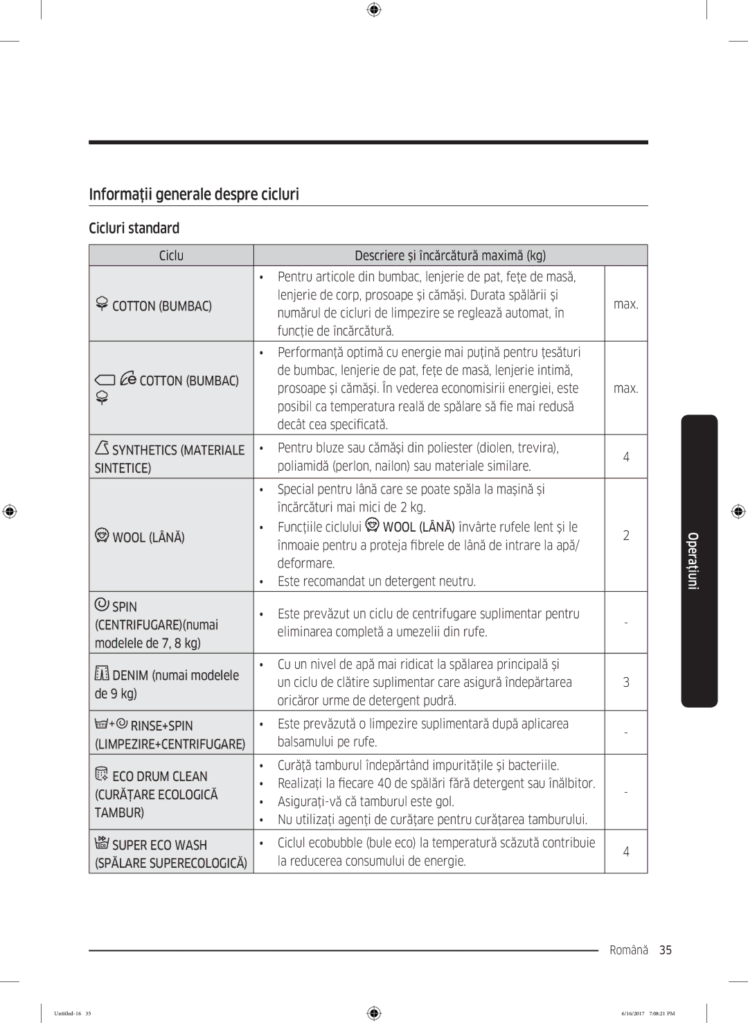 Samsung WW90K5410UX/LE manual Informaţii generale despre cicluri, Cicluri standard 