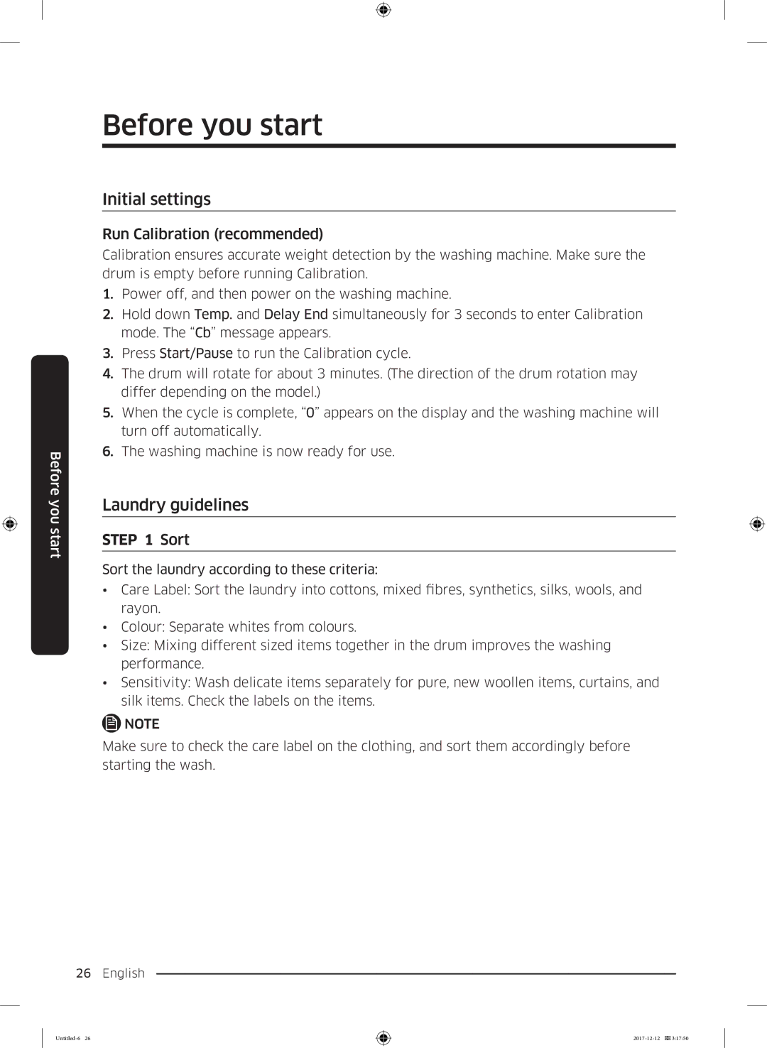 Samsung WW8SK5410UW/KJ, WW90K5410WW/LE Before you start, Initial settings, Laundry guidelines, Run Calibration recommended 