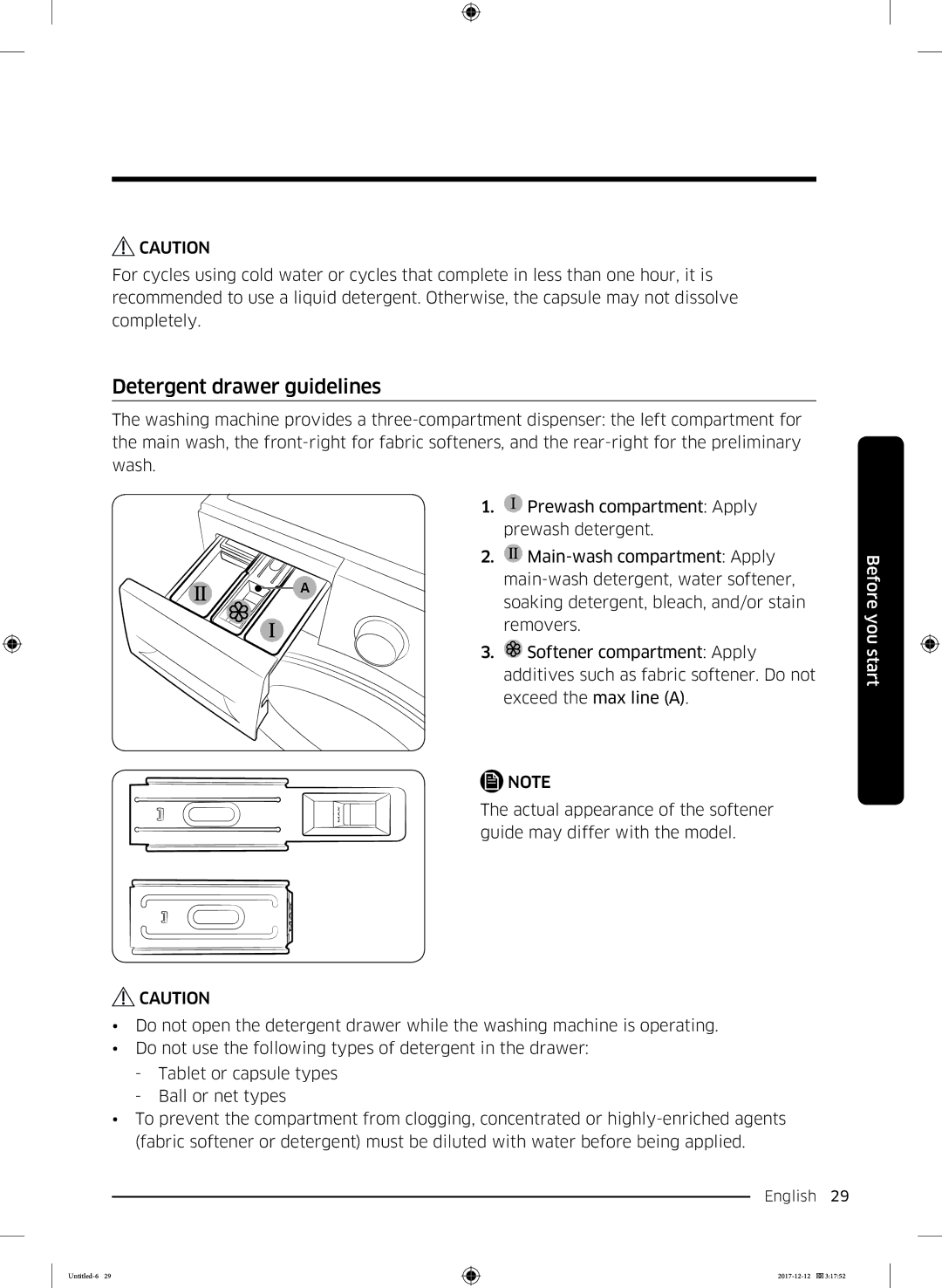 Samsung WW9SK5410UW/KJ, WW90K5410WW/LE, WW70K5410UW/LE, WW8SK5410UW/KJ, WW90K5410UW/EU manual Detergent drawer guidelines 