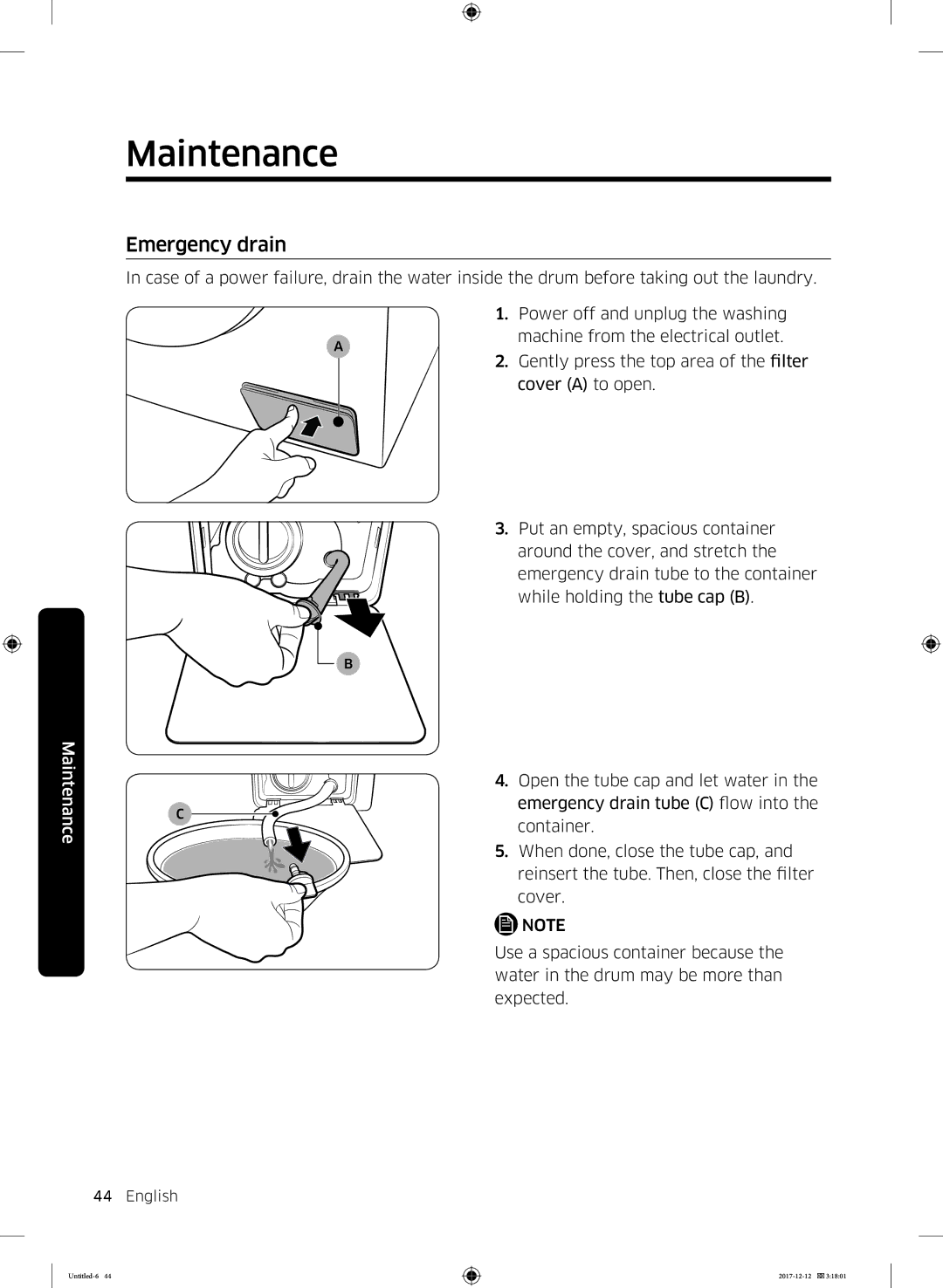 Samsung WW8SK5410UW/KJ, WW90K5410WW/LE, WW70K5410UW/LE, WW90K5410UW/EU, WW80K5410UW/EU, WW9SK5410UW/KJ manual Emergency drain 