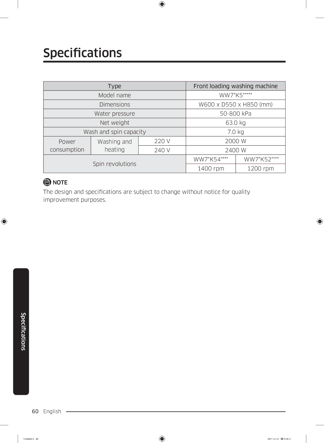 Samsung WW90K5410WW/LE, WW70K5410UW/LE, WW8SK5410UW/KJ, WW90K5410UW/EU, WW80K5410UW/EU, WW9SK5410UW/KJ manual Specifications 