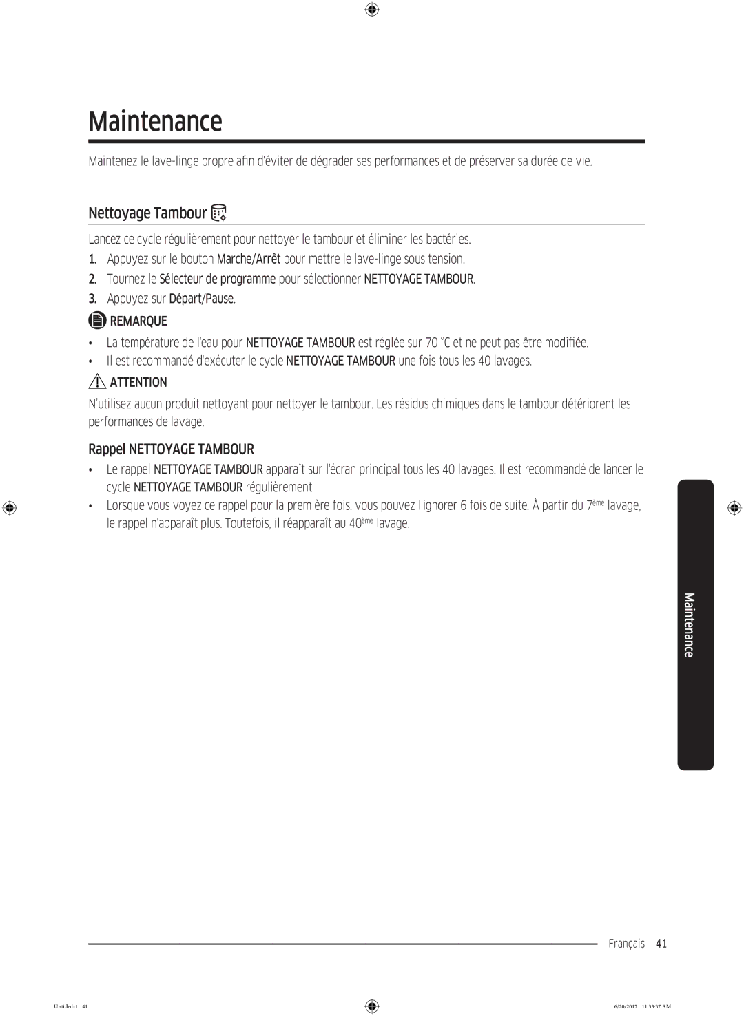 Samsung WW80K5210UW/EF, WW90K5413WW/EF, WW90K5210UW/EF, WW70K5410UW/EF manual Maintenance, Rappel Nettoyage Tambour 