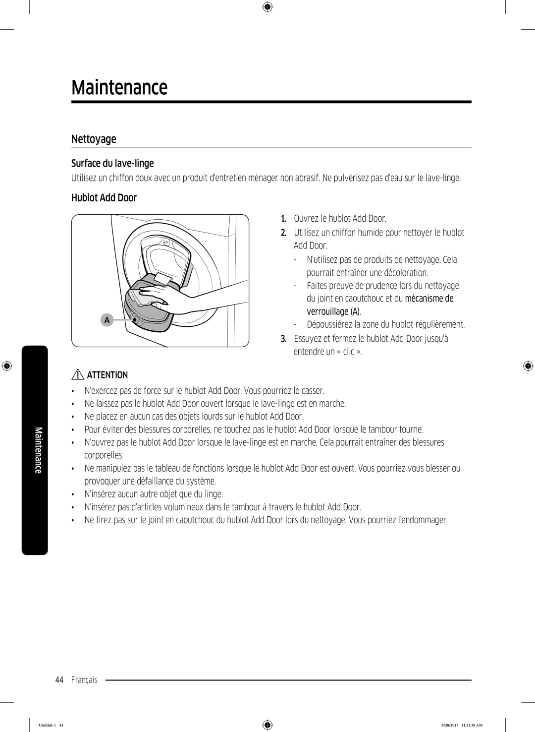 Samsung WW8BK5210UW/EF, WW90K5413WW/EF, WW90K5210UW/EF, WW70K5410UW/EF Nettoyage, Surface du lave-linge, Hublot Add Door 