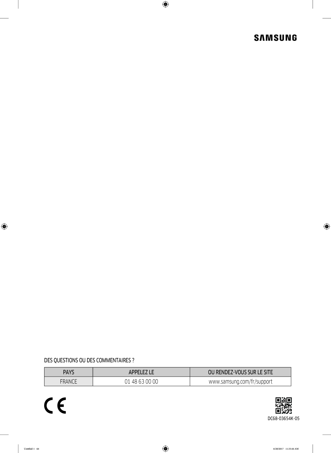 Samsung WW80K5410UW/EF, WW90K5413WW/EF, WW90K5210UW/EF, WW70K5410UW/EF, WW70K5213WW/EF, WW90K5410UW/EF manual 01 48 63 00 