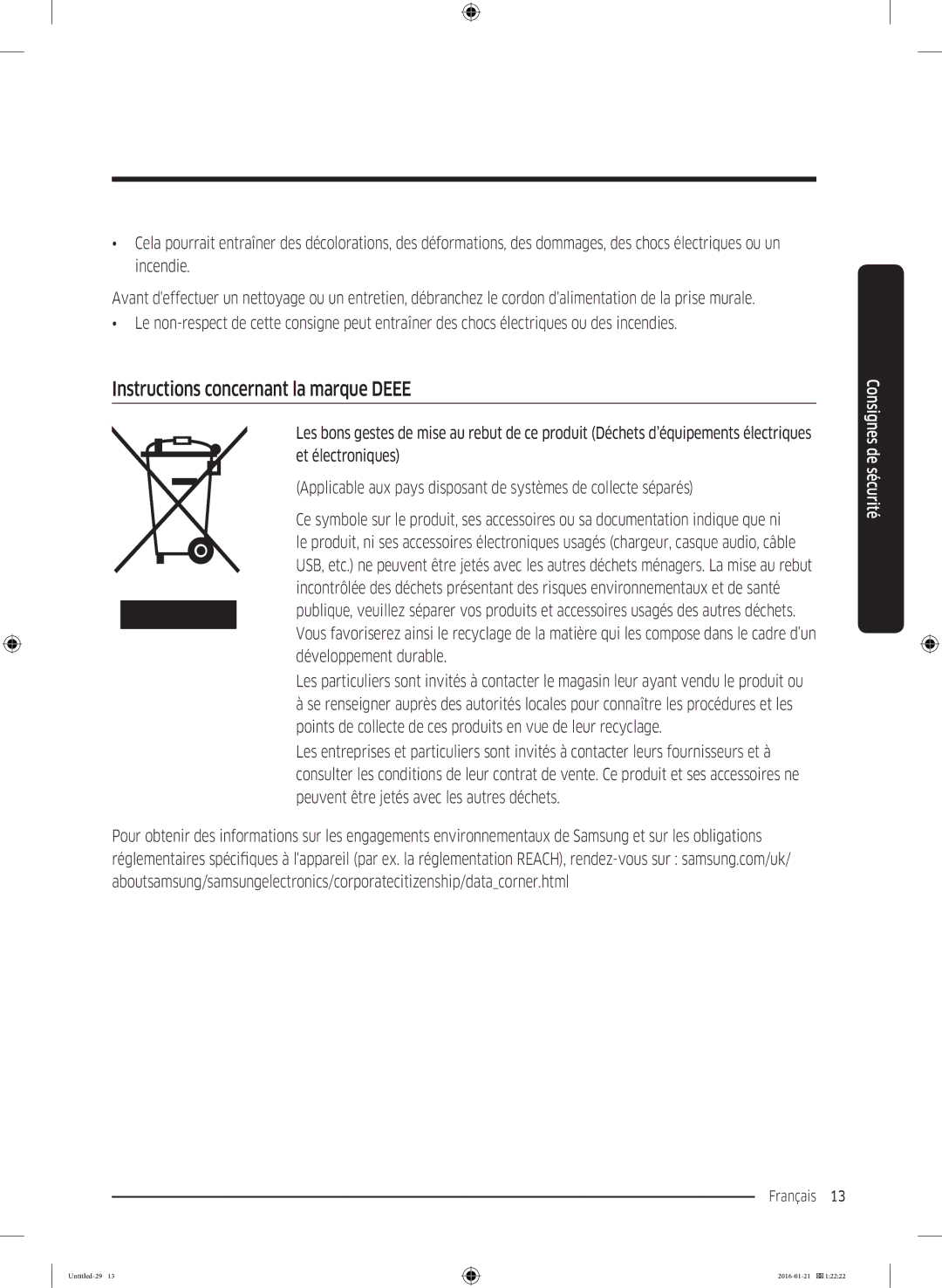 Samsung WW70K5213UW/EF, WW90K5413WW/EF, WW90K5210UW/EF, WW70K5410UW/EF, WW70K5213WW/EF Instructions concernant la marque Deee 