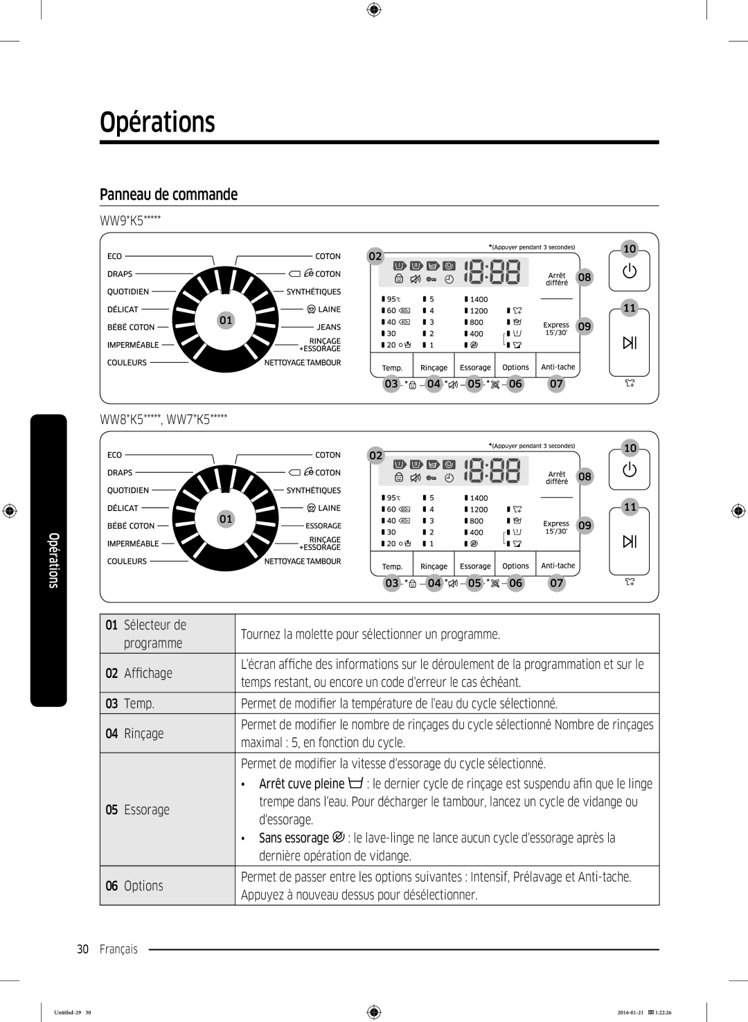 Samsung WW90K5413WW/EF, WW90K5210UW/EF, WW70K5410UW/EF, WW70K5213WW/EF, WW80K5410UW/EF manual Opérations, Panneau de commande 