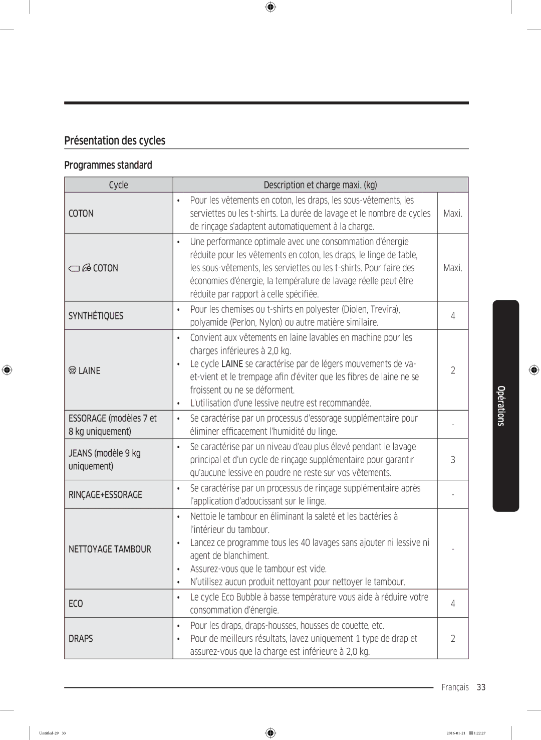 Samsung WW70K5213WW/EF, WW90K5413WW/EF, WW90K5210UW/EF, WW70K5410UW/EF manual Présentation des cycles, Programmes standard 