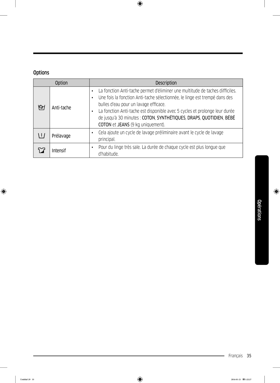 Samsung WW90K5410UW/EF, WW90K5413WW/EF manual Options, Option Description, Anti-tache Bulles deau pour un lavage efficace 