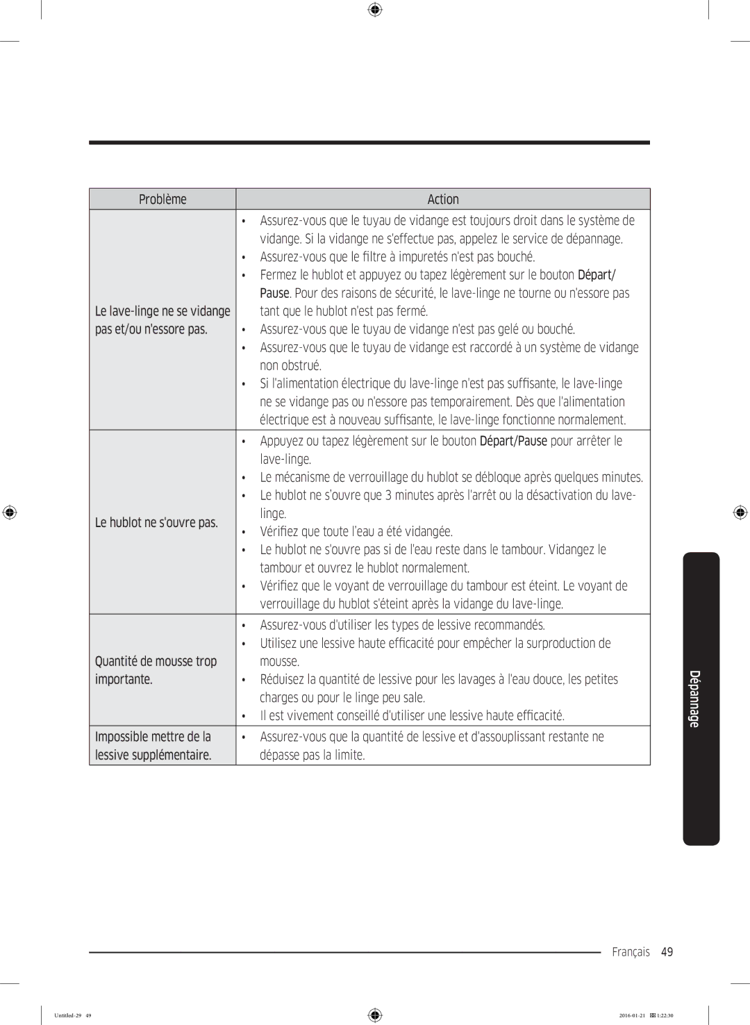 Samsung WW80K5410UW/EF manual Problème Action, Assurez-vous que le filtre à impuretés nest pas bouché, Non obstrué 