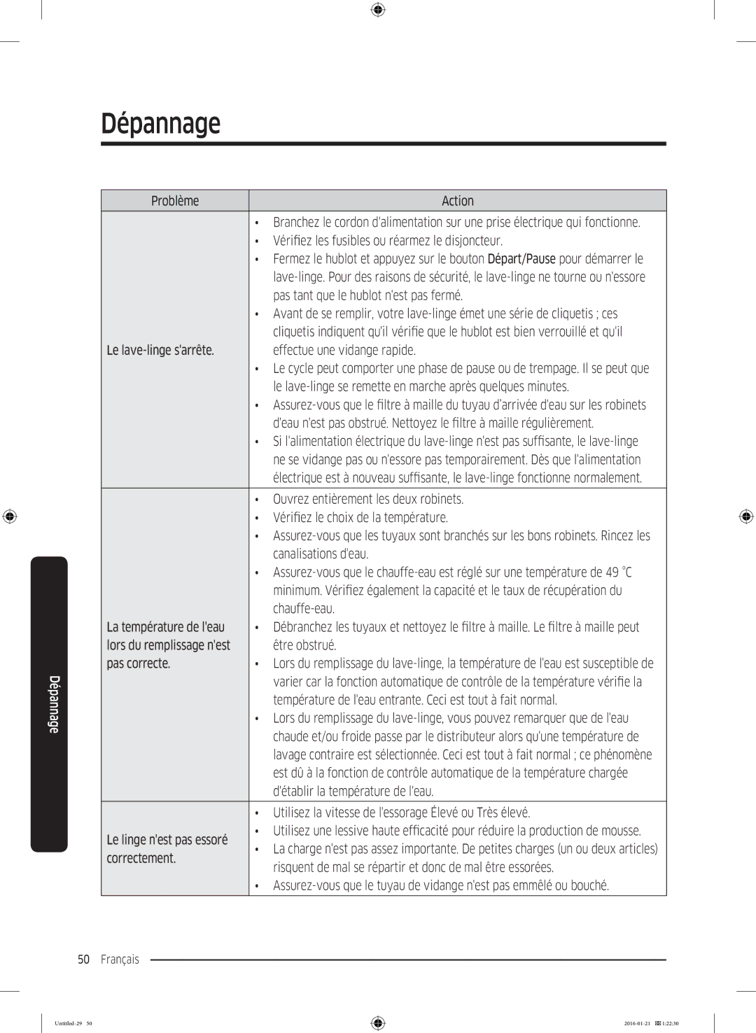 Samsung WW90K5410UW/EF manual Quil, Le lave-linge sarrête Effectue une vidange rapide, ’arrivée deau sur les robinets 