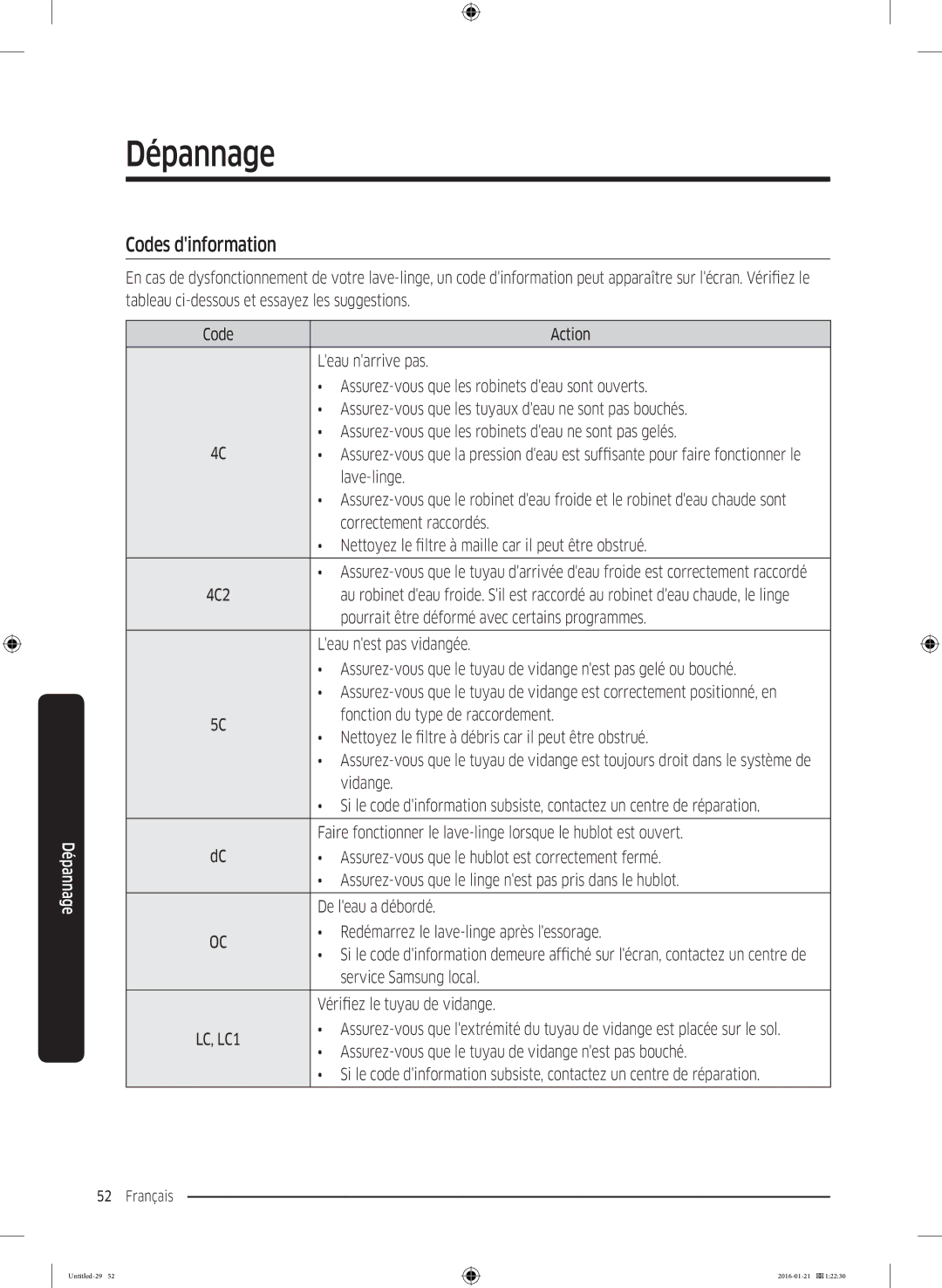 Samsung WW80K5413WW/EF, WW90K5413WW/EF, WW90K5210UW/EF, WW70K5410UW/EF, WW70K5213WW/EF, WW80K5410UW/EF manual Codes dinformation 