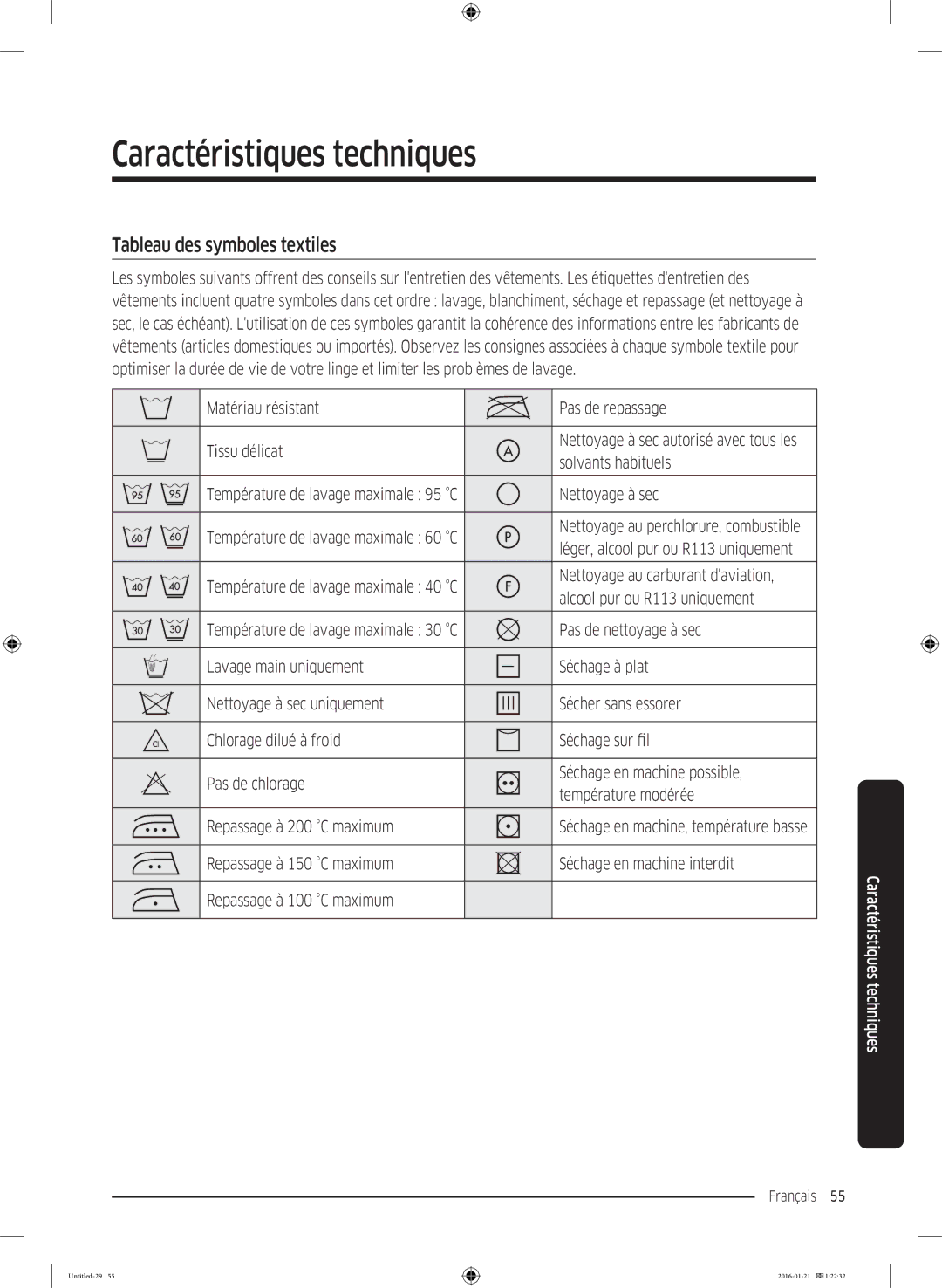 Samsung WW70K5410UX/EF, WW90K5413WW/EF, WW90K5210UW/EF manual Caractéristiques techniques, Tableau des symboles textiles 