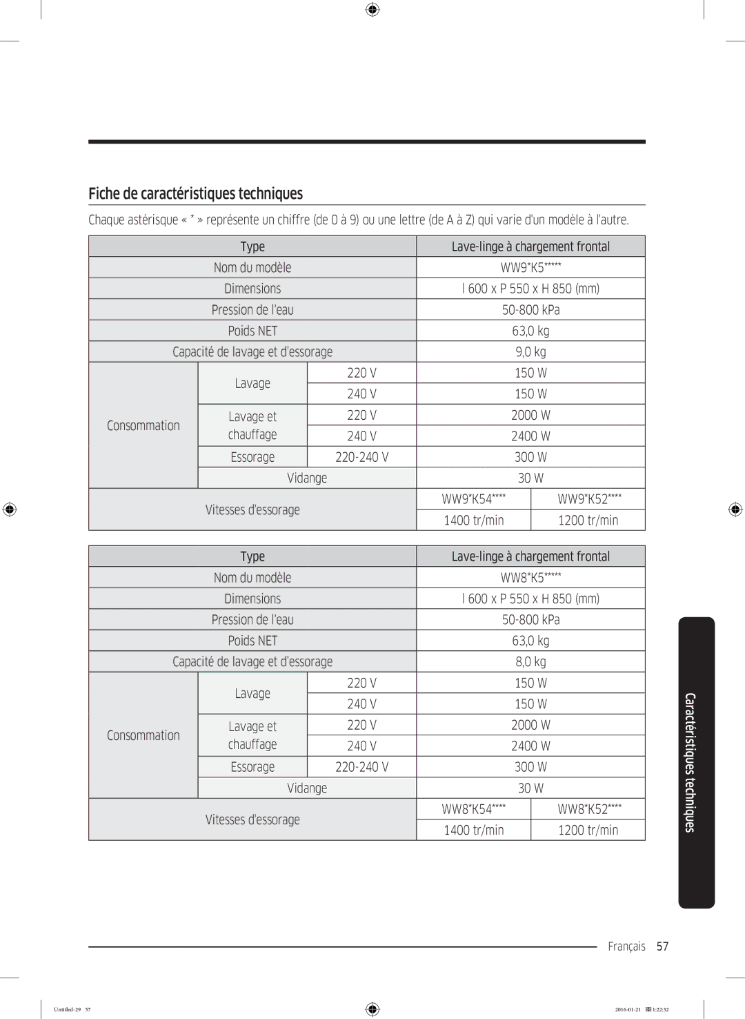 Samsung WW80K5410UX/EF, WW90K5413WW/EF, WW90K5210UW/EF, WW70K5410UW/EF, WW70K5213WW/EF Fiche de caractéristiques techniques 