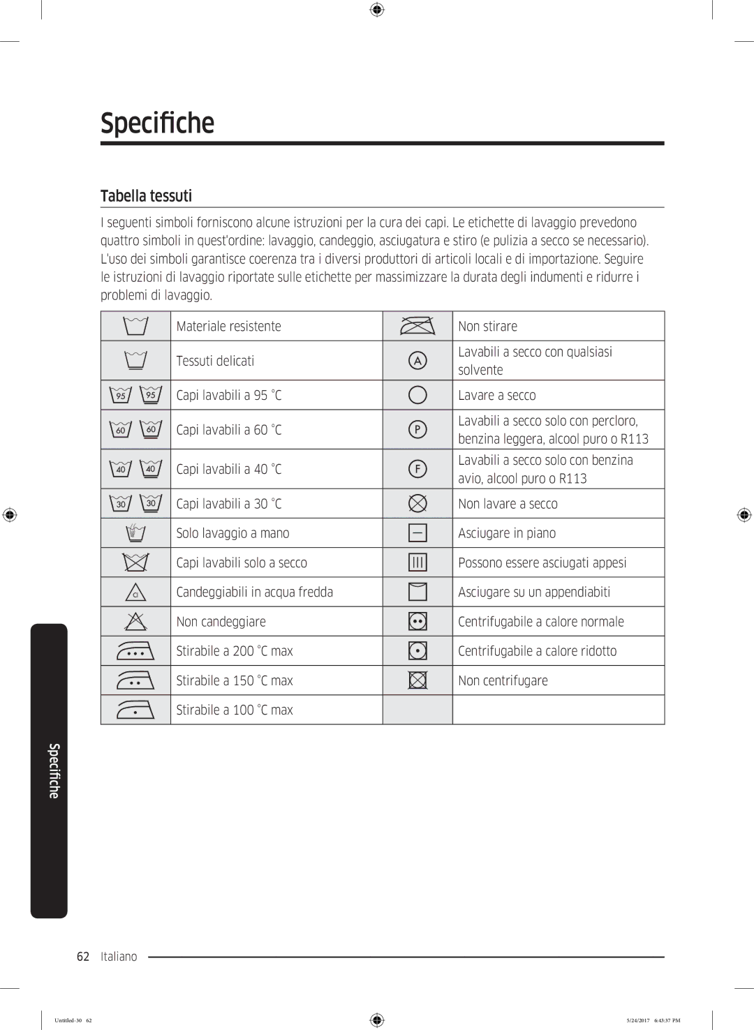 Samsung WW80K6414SW/ET, WW90K6404QW/ET, WW80K6404QW/ET, WW90K6414QW/ET, WW80K6414QW/ET manual Specifiche, Tabella tessuti 