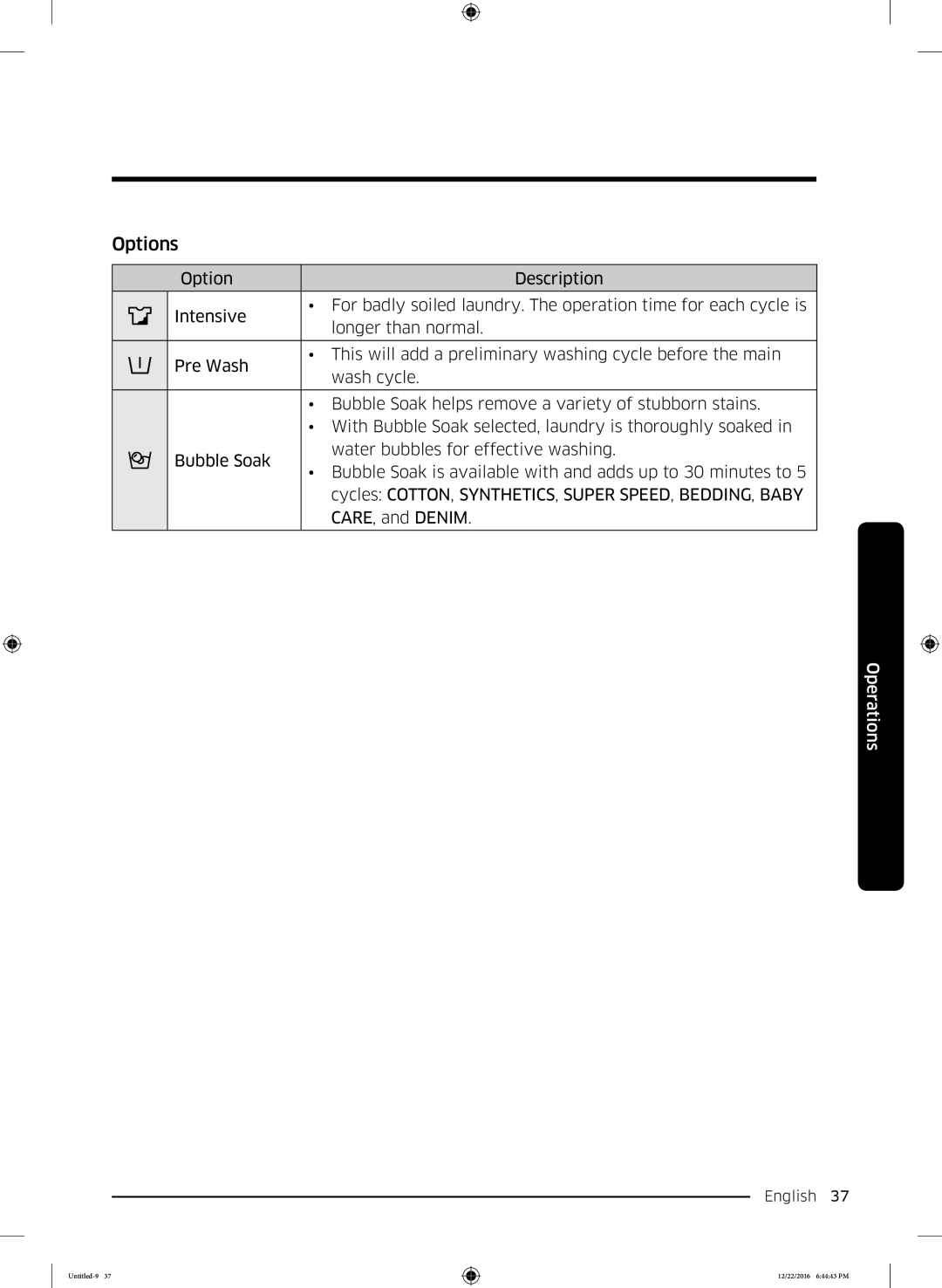 Samsung WW90K6410QW/EU manual Options 